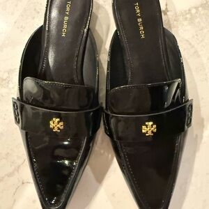 Tory Burch Shiny Black Mules with Gold Emblem
